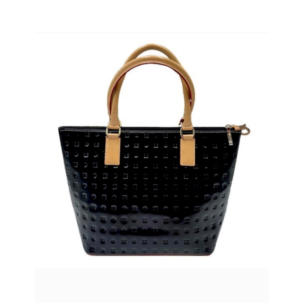 Arcadia Black And Tan Patent Leather Bag